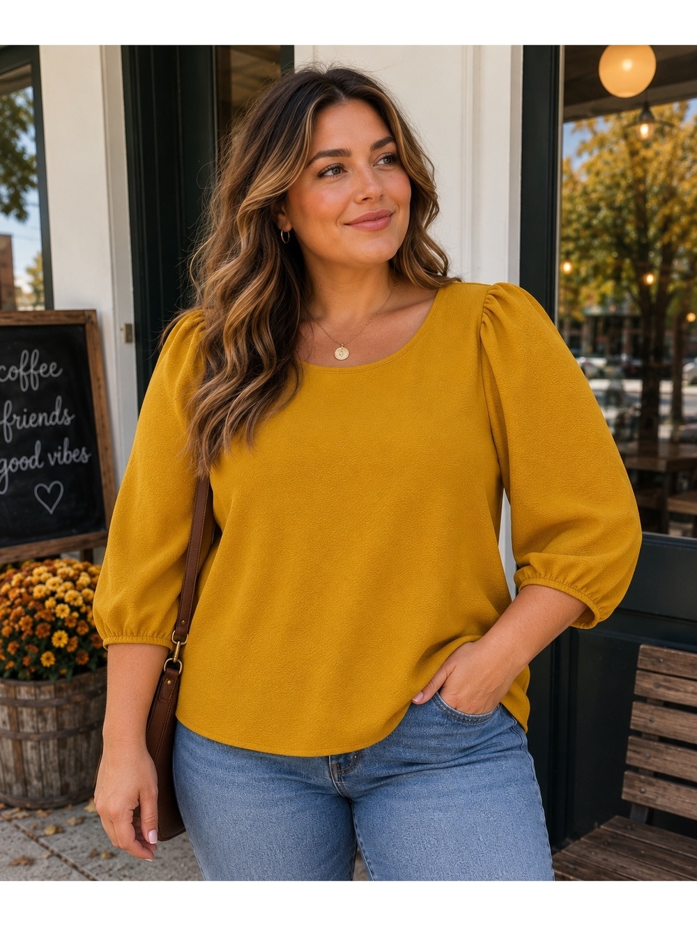 Mustard Puff Sleeve Textured Blouse Made in USA Size L